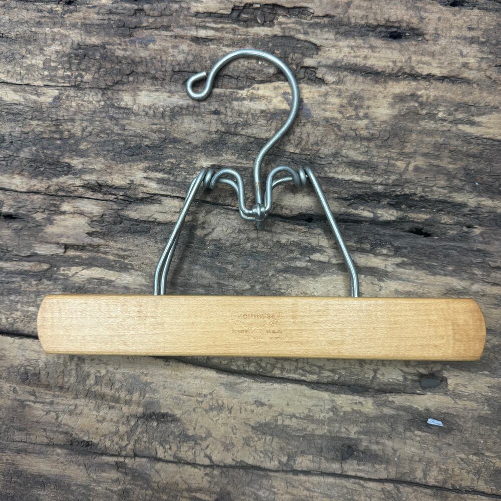 2 lot Vintage Wood Clamp Pants Hangers Montrose USA Gray Felt Pad Mid Century